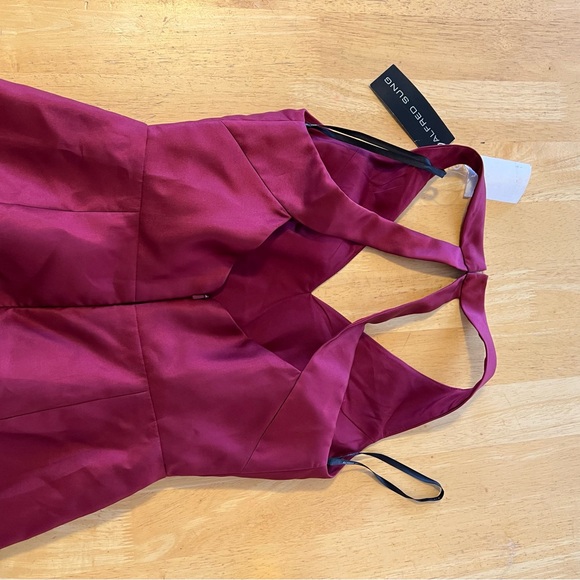 ALFRED SUNG v neck halter satin trumpet grown in Deep Red Maxi Dress - Picture 12 of 13